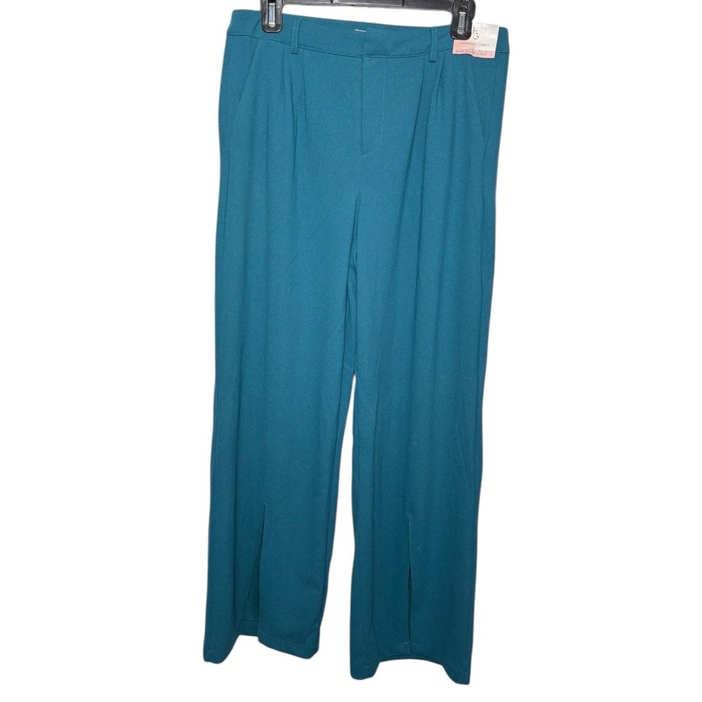 NEW Happily Grey Teal Size 7 Wide Leg Slit Bottom Dress Pants Stretch‎ Office